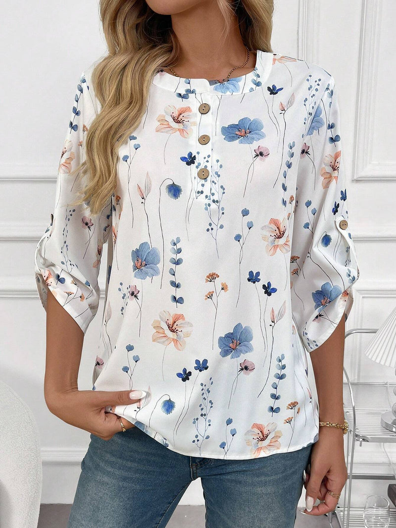 EMERY ROSE Blusa con estampado floral, media botonadura y mangas enrolladas con pestana