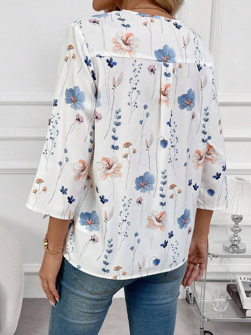 EMERY ROSE Blusa con estampado floral, media botonadura y mangas enrolladas con pestana