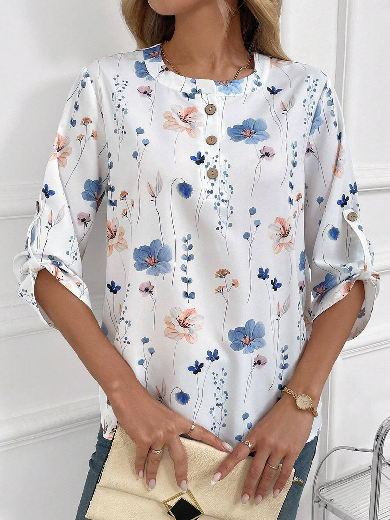 EMERY ROSE Blusa con estampado floral, media botonadura y mangas enrolladas con pestana