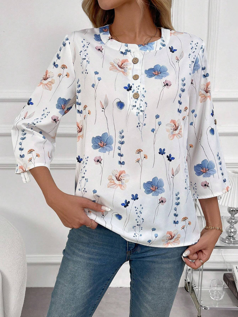 EMERY ROSE Blusa con estampado floral, media botonadura y mangas enrolladas con pestana