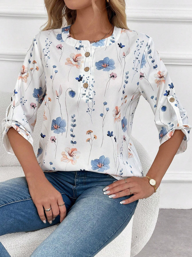 EMERY ROSE Blusa con estampado floral, media botonadura y mangas enrolladas con pestana