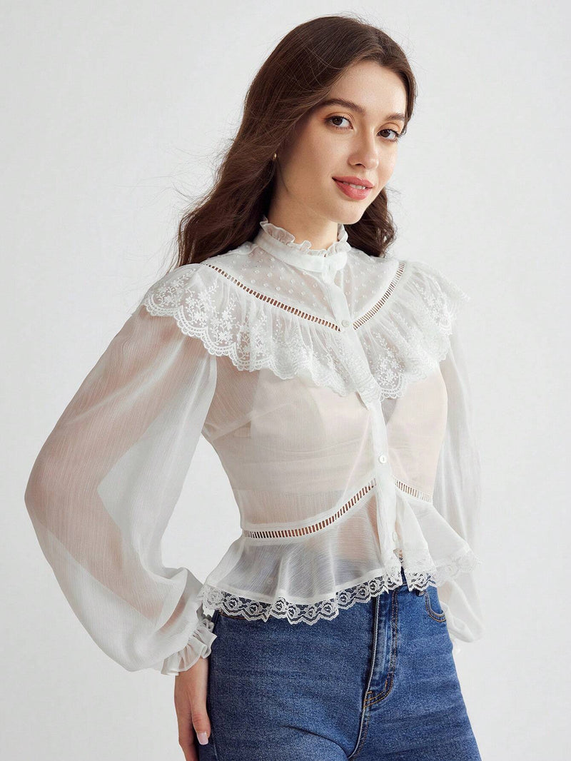 Enchnt Blusa de manga murcielago con ribete de volantes de encaje contrastante y peplum sin sujetador