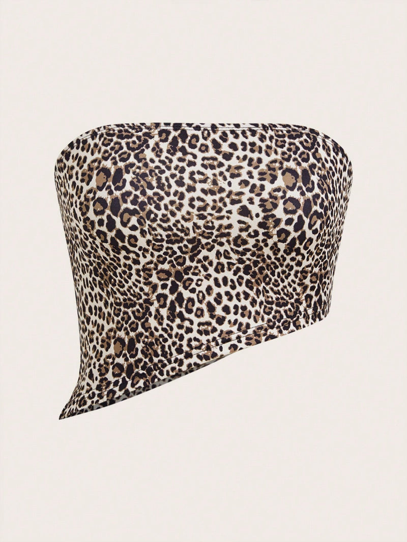 Coolane Top de Brasier sin tirantes retro con impresion de leopardo para mujer, fresco y versatil estilo urbano con dobladillo irregular para atuendos de verano