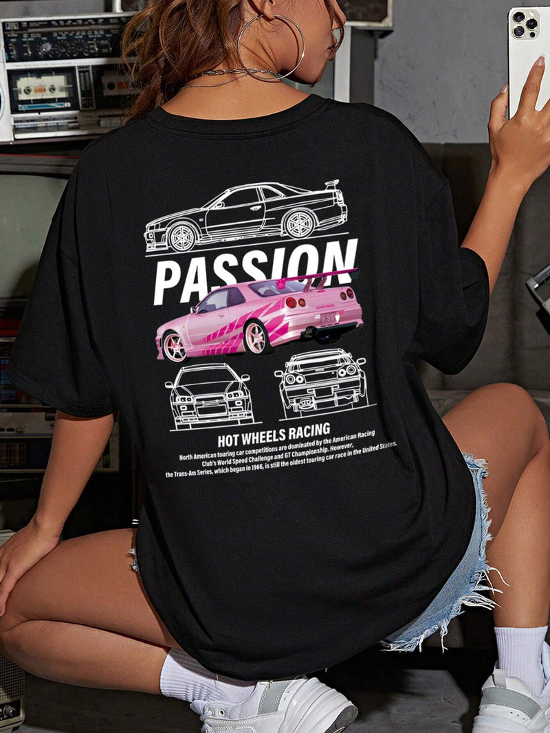 Coolane Camiseta de manga corta holgada con estampado de verano informal, regalo para entusiastas del automovil, camiseta con tema de automovil PASION CARRERAS