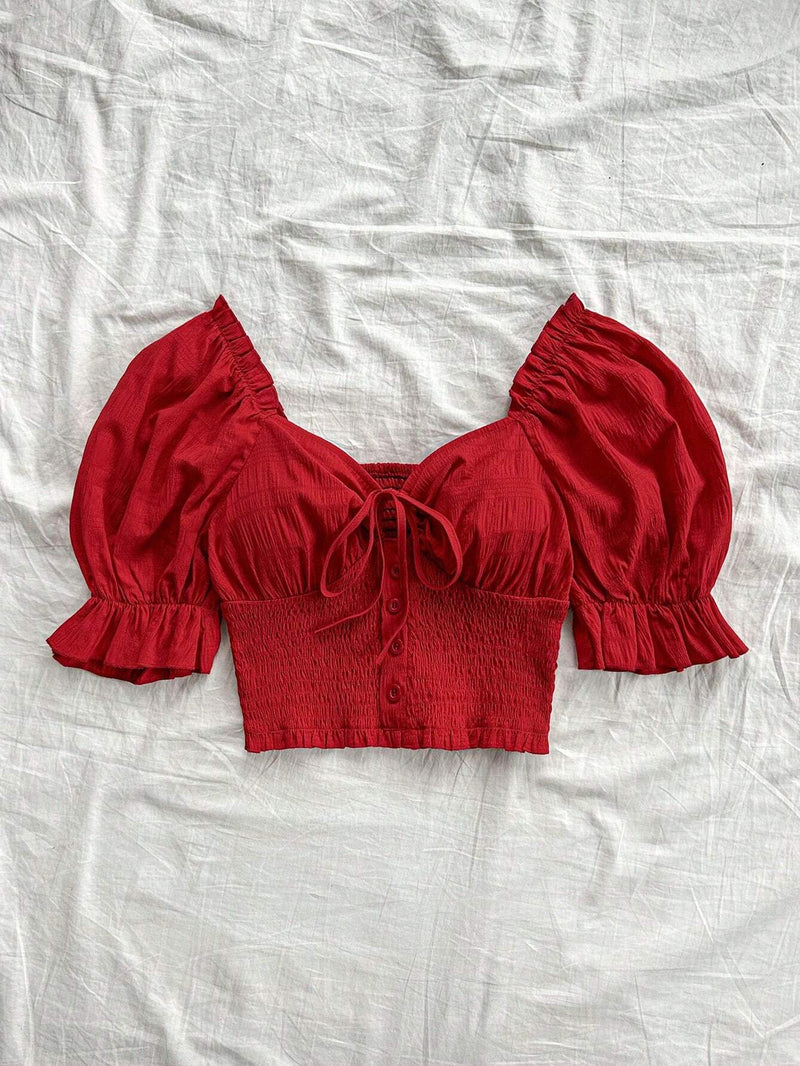 Blusa de mujer roja a cuadros texturizada con mangas abullonadas, lazo en el pecho, cintura elastica y dobladillo con volantes, camisa romantica informal para vacaciones