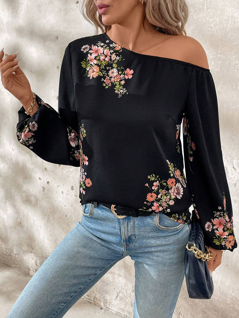 Camisa de mujer con botones, estampado floral de manga larga y mangas abullonadas elegantes