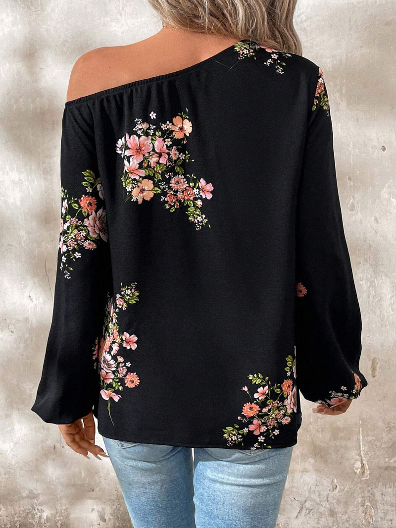 Camisa de mujer con botones, estampado floral de manga larga y mangas abullonadas elegantes