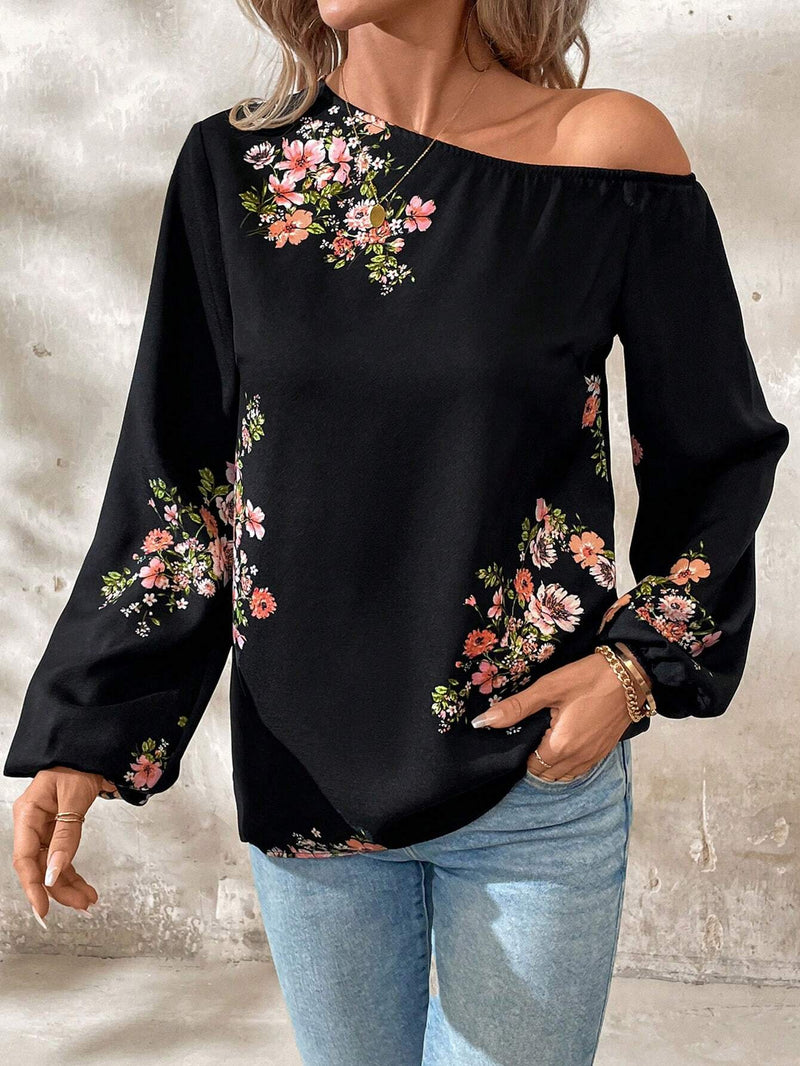 Camisa de mujer con botones, estampado floral de manga larga y mangas abullonadas elegantes