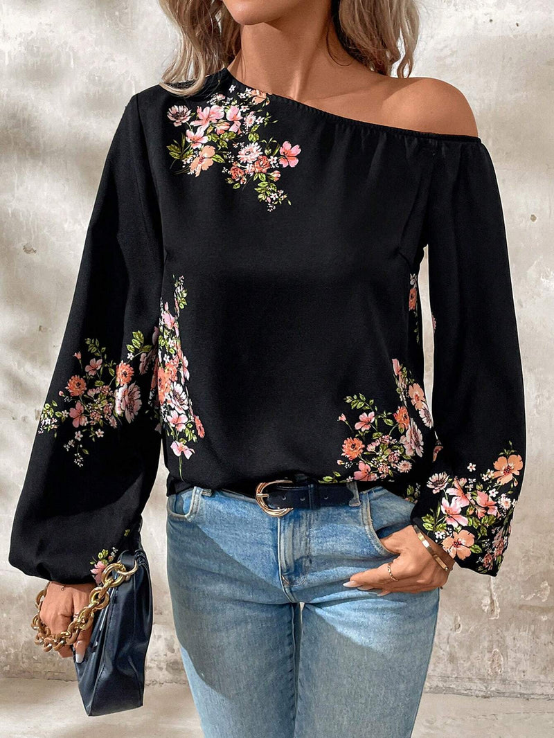 Camisa de mujer con botones, estampado floral de manga larga y mangas abullonadas elegantes