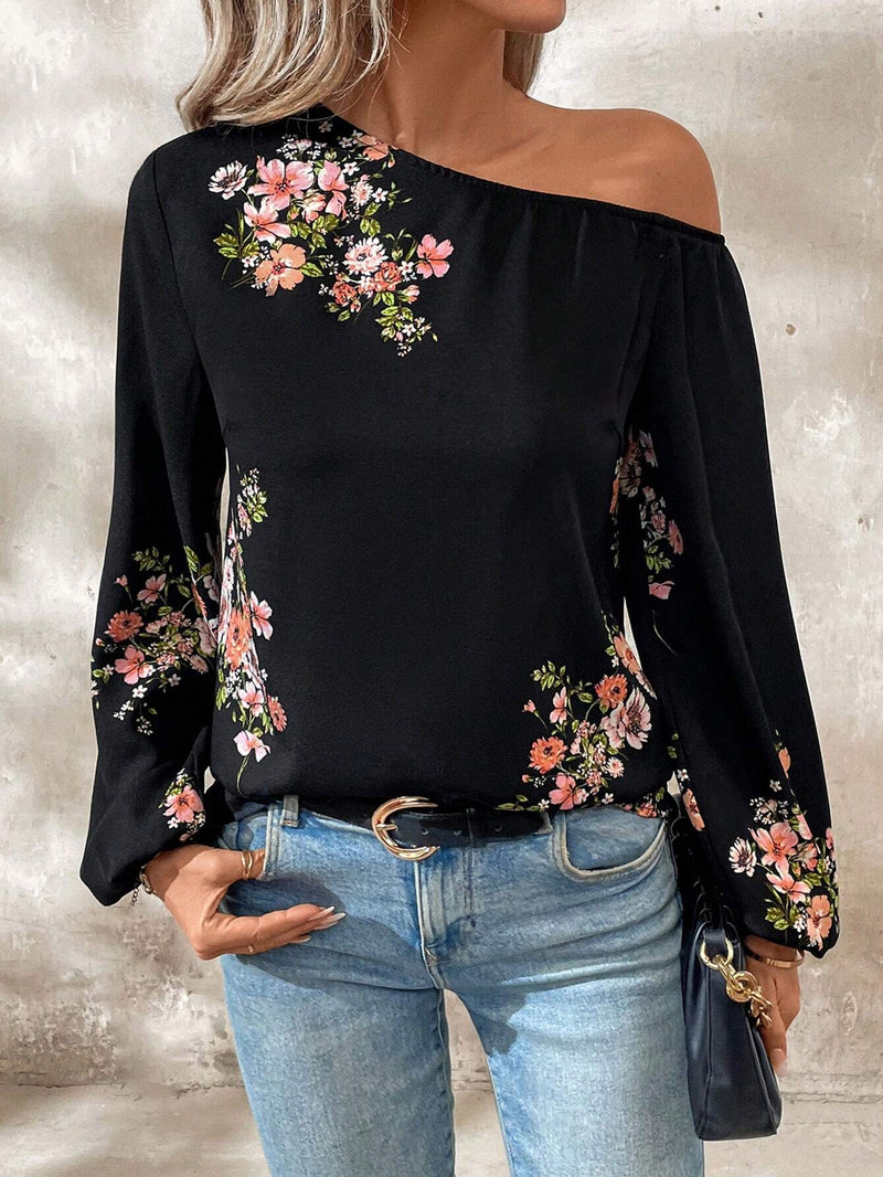 Camisa de mujer con botones, estampado floral de manga larga y mangas abullonadas elegantes