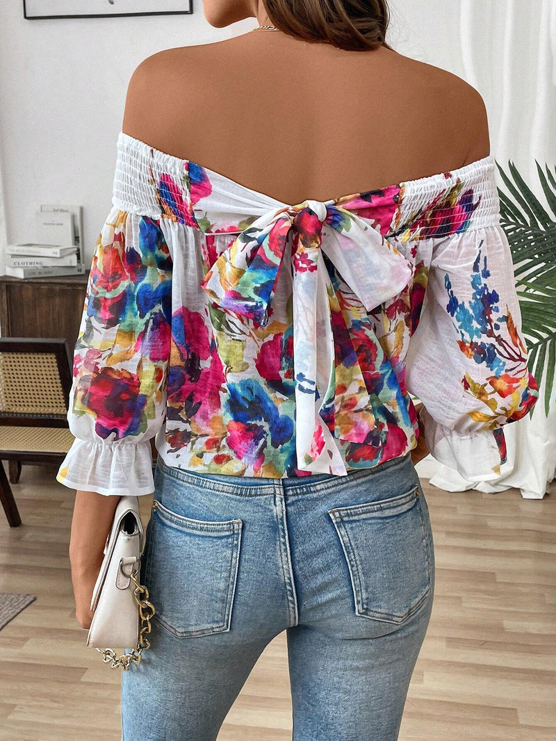 Blusa paralela de gasa con estampado floral y escote en V para vacaciones de mujer