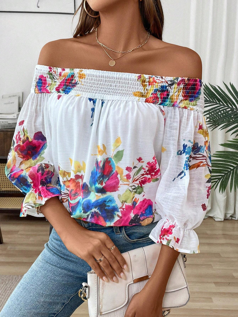 Blusa paralela de gasa con estampado floral y escote en V para vacaciones de mujer