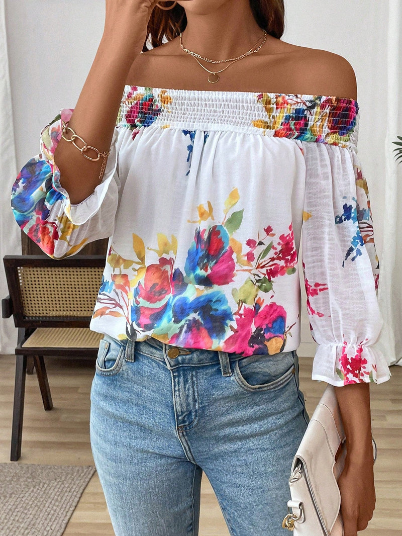 Blusa paralela de gasa con estampado floral y escote en V para vacaciones de mujer