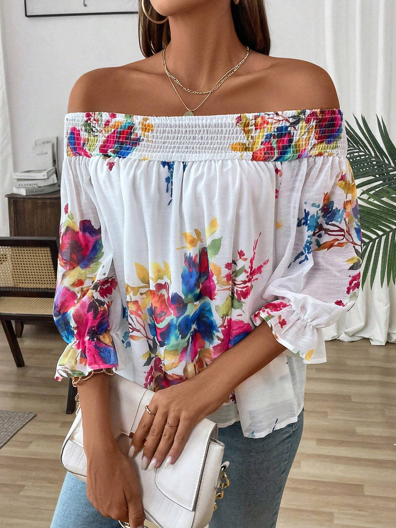 Blusa paralela de gasa con estampado floral y escote en V para vacaciones de mujer