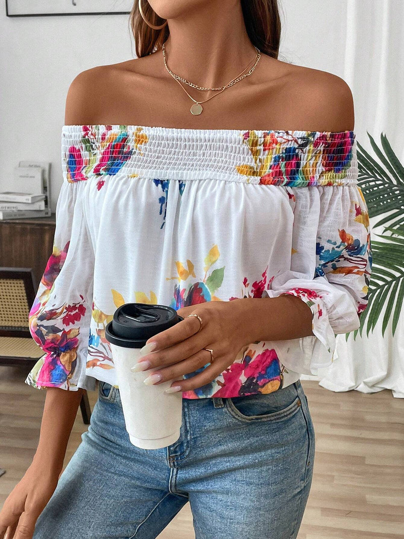 Blusa paralela de gasa con estampado floral y escote en V para vacaciones de mujer