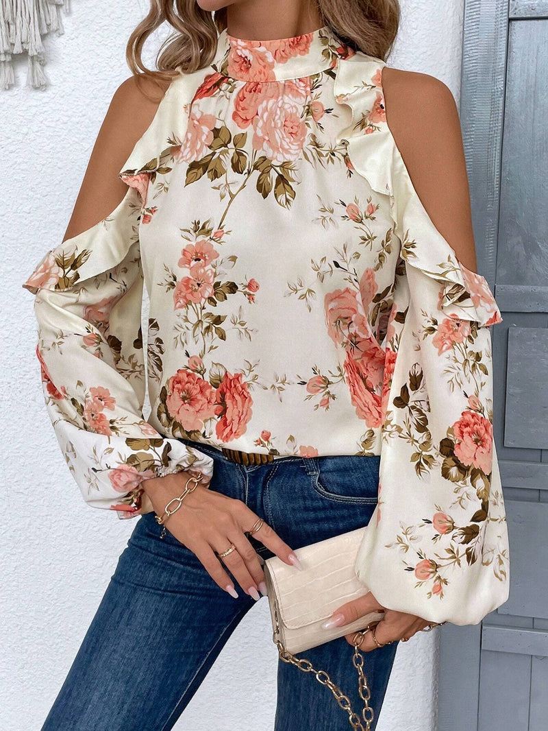 Blusa de hombros descubiertos con estampado floral, ribete de volantes y mangas tipo linterna