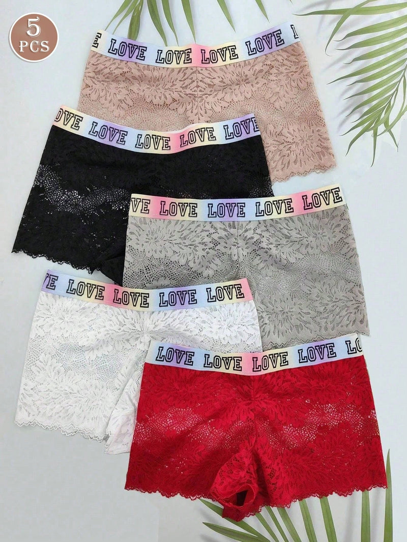 5 piezas pantys tipo boxer con estampado de letras para mujer, pantys de encaje floral comodos con ribete de encaje de concha