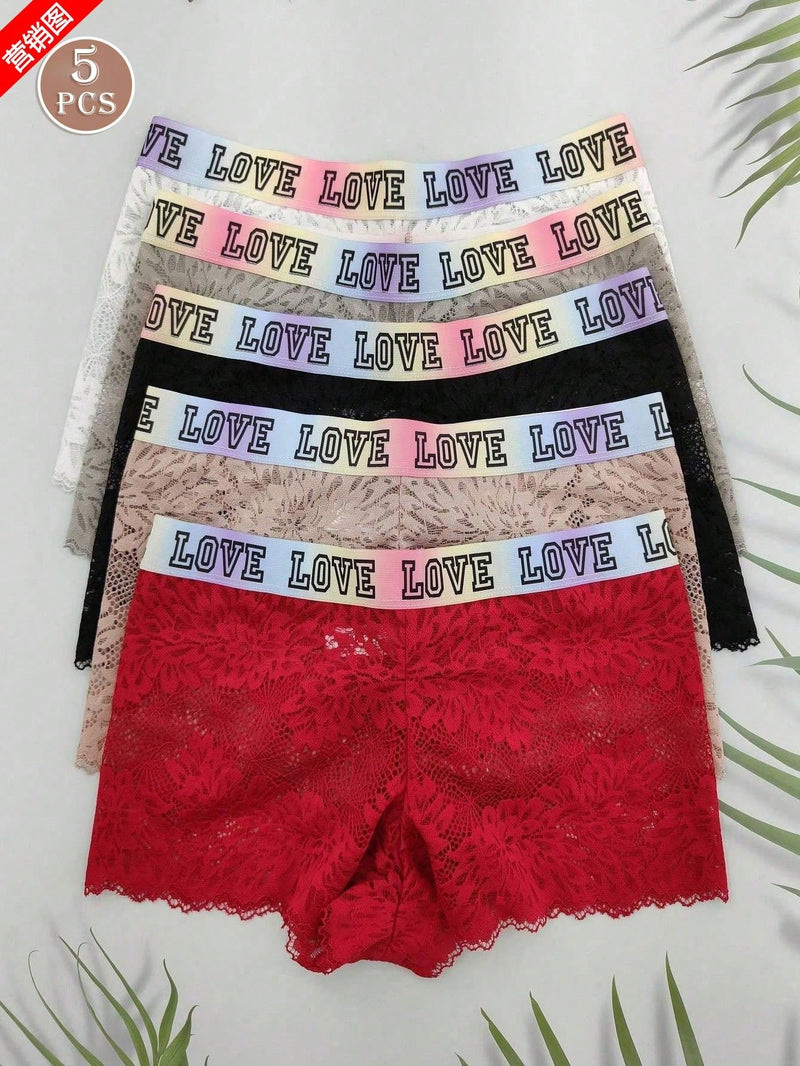 5 piezas pantys tipo boxer con estampado de letras para mujer, pantys de encaje floral comodos con ribete de encaje de concha