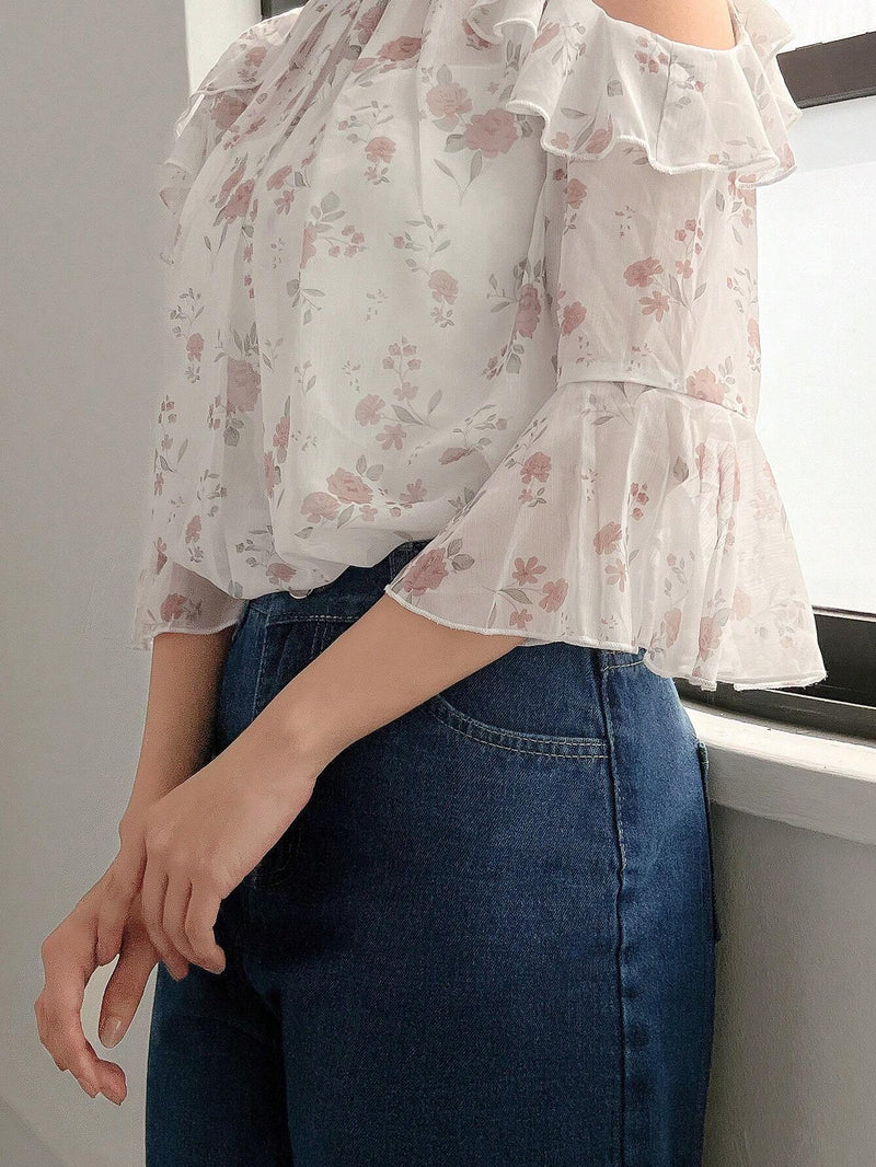 FRIFUL Blusa floral Jacquard con hombreras descubiertas, ribete de volantes y mangas con volantes