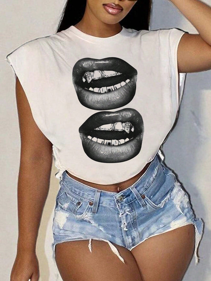 Camiseta informal y sencilla para mujeres con patron de labios y dientes dorados, cuello redondo, manga corta, holgada y corta, adecuada para el verano