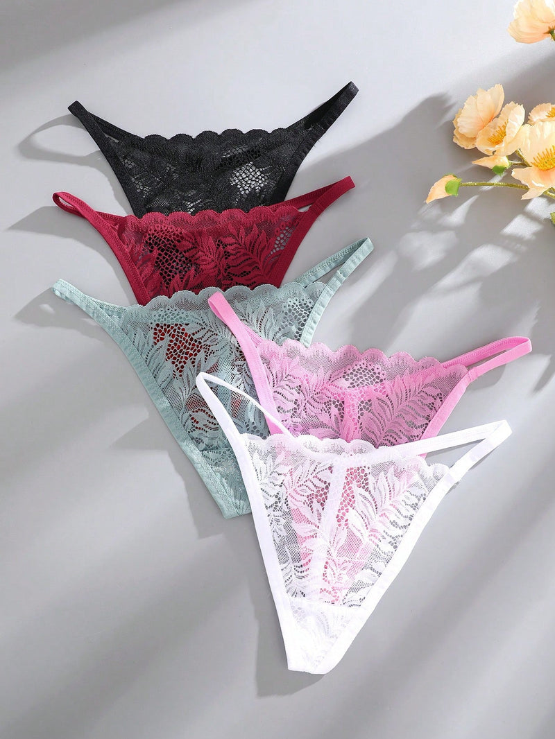 Set de 5 tangas sexy de mujer de cintura baja y unicolor con encaje floral, lenceria para damas