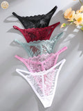 Set de 5 tangas sexy de mujer de cintura baja y unicolor con encaje floral, lenceria para damas