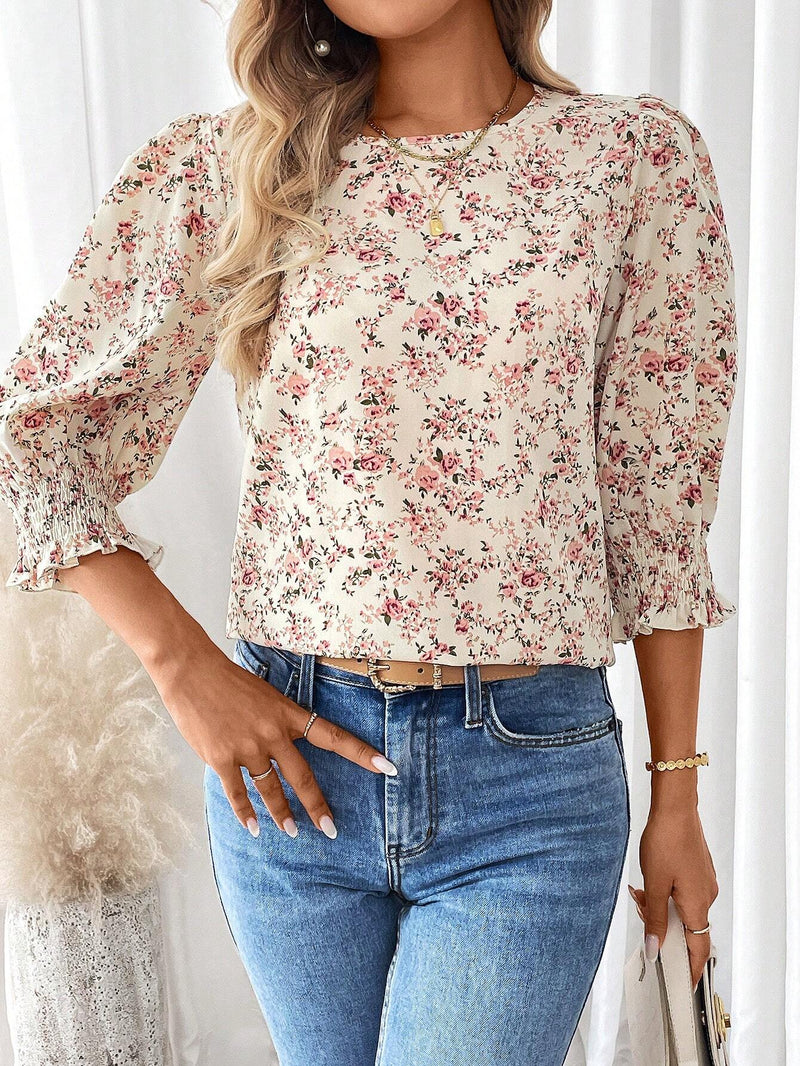 Camisa veraniega de cuello redondo y manga abullonada con estampado floral de vacaciones para mujer de tamano holgado