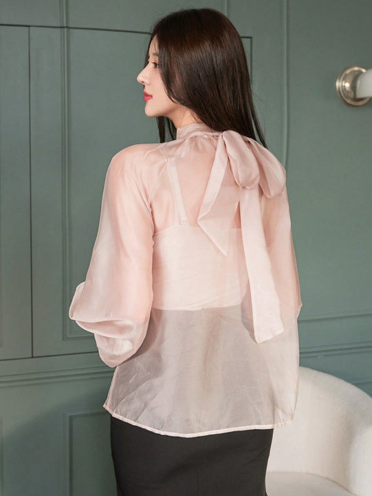 DAZY Camisa de manga larga de mujer de gasa de unicolor con corbata en el cuello