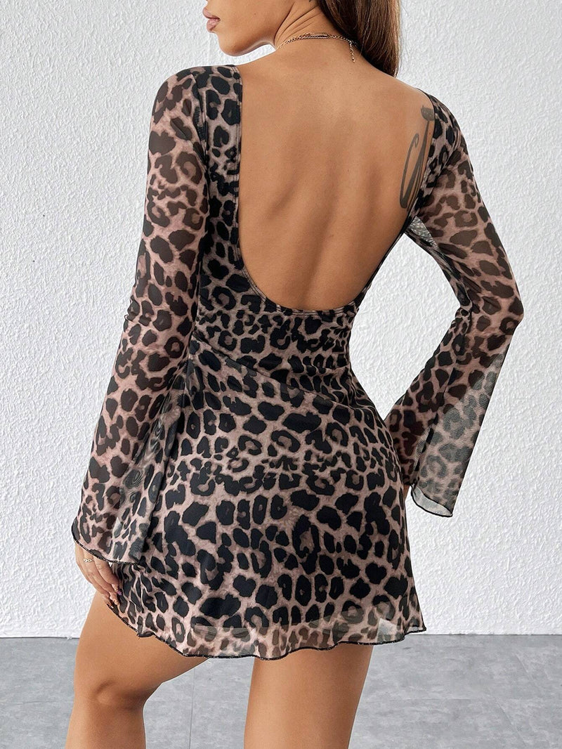 Vestido largo sin espalda de manga larga para mujer con estampado de leopardo de otoño de malla romántica y elegante impreso