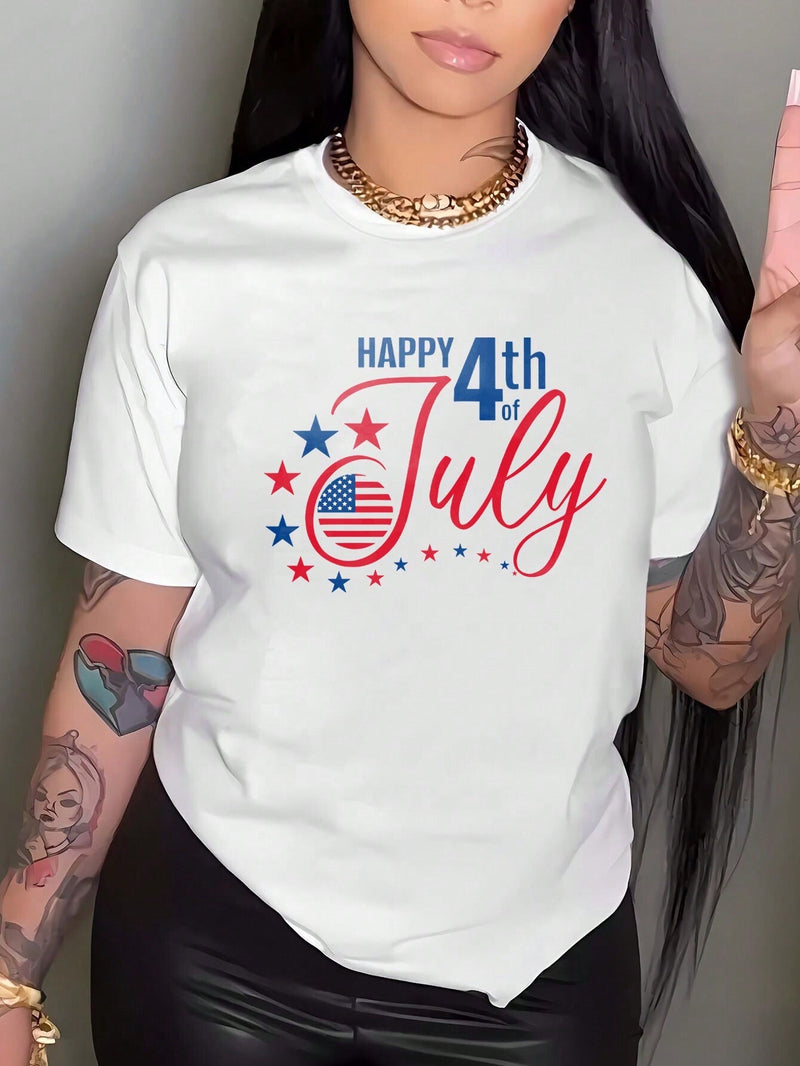 Camiseta casual de manga corta con cuello redondo para mujer con impresion de Feliz 4 de julio