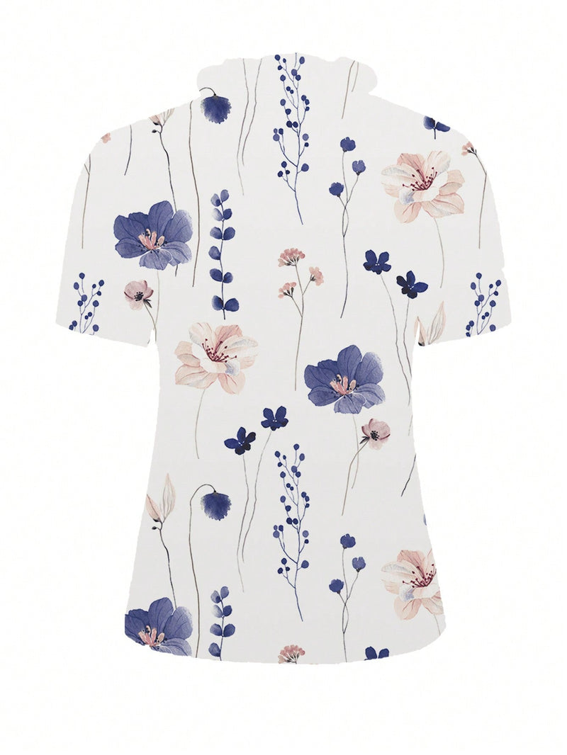 Blusa de manga corta con cuello en V y estampado floral