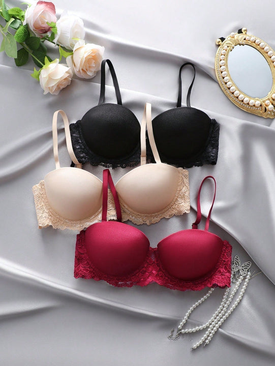 Underwear&sleepwear basics juego de lenceria de 3 piezas/set de sujetador de contraste de encaje de unicolor para mujer