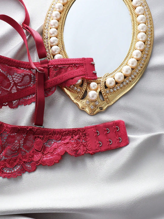 Underwear&sleepwear basics juego de lenceria de 3 piezas/set de sujetador de contraste de encaje de unicolor para mujer