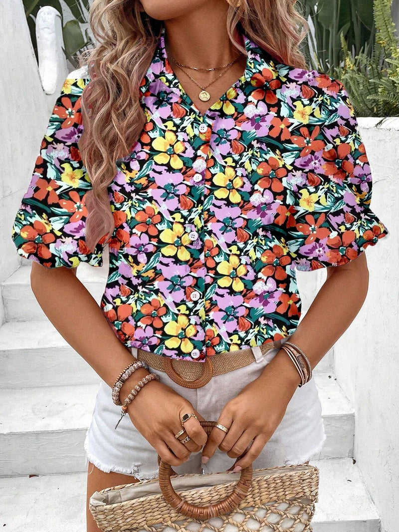 Camisa de manga inflada para mujer, con botones y estampado completo (corte aleatorio) adecuado para vacaciones de verano en la playa