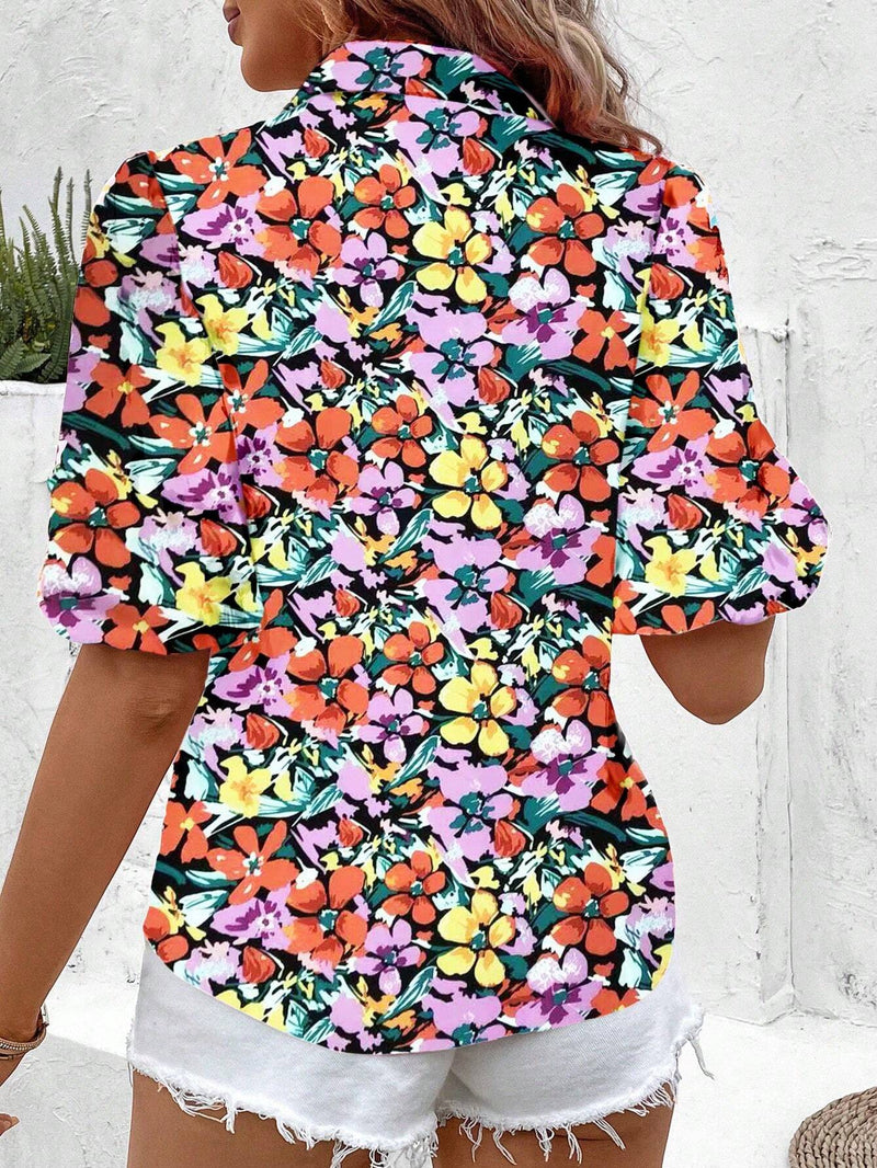 Camisa de manga inflada para mujer, con botones y estampado completo (corte aleatorio) adecuado para vacaciones de verano en la playa