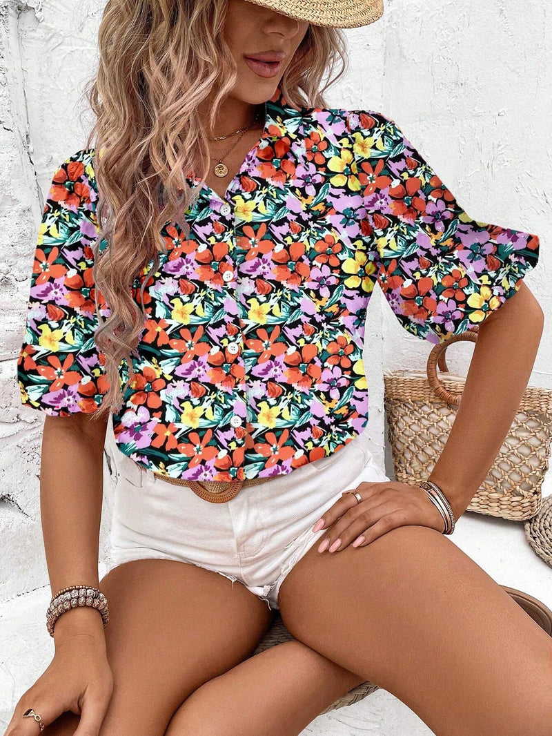 Camisa de manga inflada para mujer, con botones y estampado completo (corte aleatorio) adecuado para vacaciones de verano en la playa