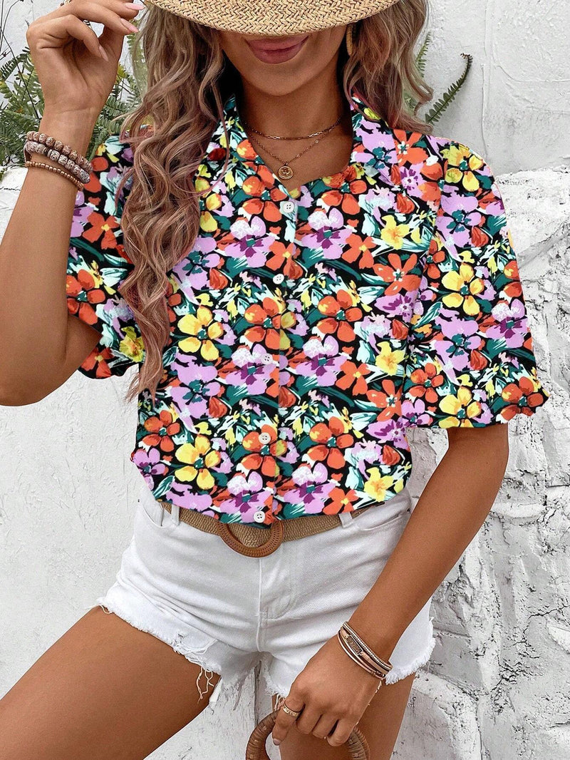 Camisa de manga inflada para mujer, con botones y estampado completo (corte aleatorio) adecuado para vacaciones de verano en la playa