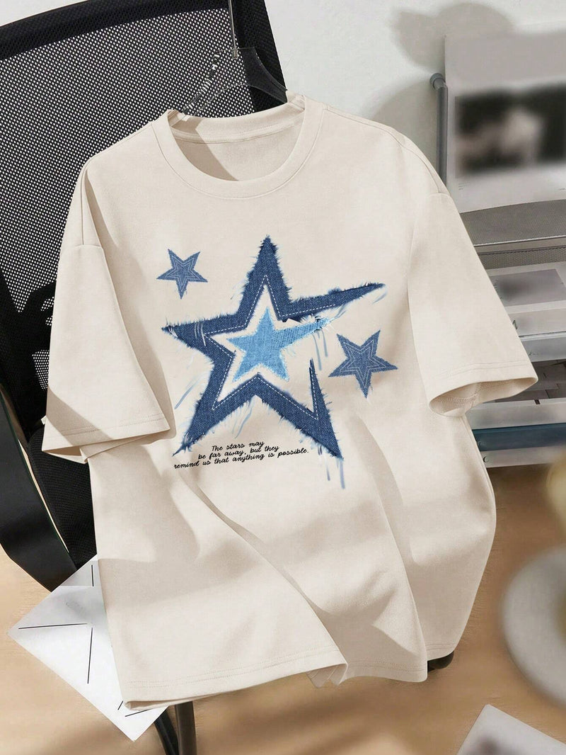 Camiseta holgada casual de manga corta de mujer con patron de estrellas, adecuada para el verano