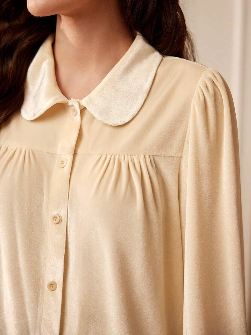 Camisa elegante de manga larga para mujer, camisa de terciopelo color albaricoque con pliegues en el pecho y cuello de solapa, camisa de estilo universitario para verano/otono