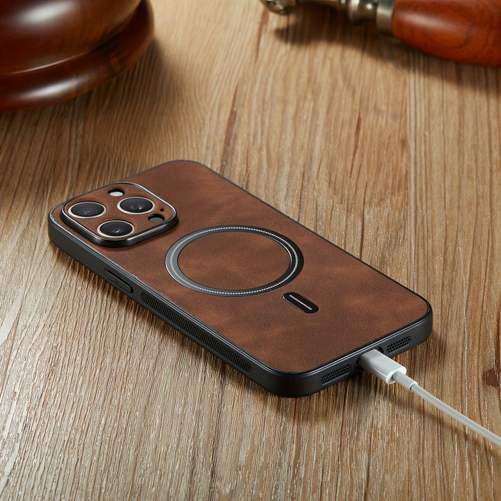 Estuche de teléfono móvil ultrafino de lujo mate retro de cuero sintético para iPhone16 15 14 13 Pro Max 12 11 Pro Xr X/xs XSMAX con carga inalámbrica magnética, estuche de teléfono móvil antigolpes, estuche protector