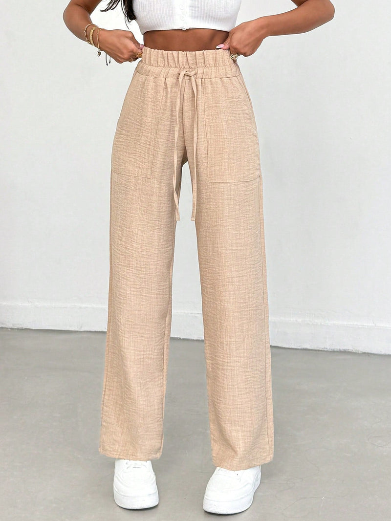 Tall pantalones casuales para mujer de algodon con nudo y unicolor y tiro alto