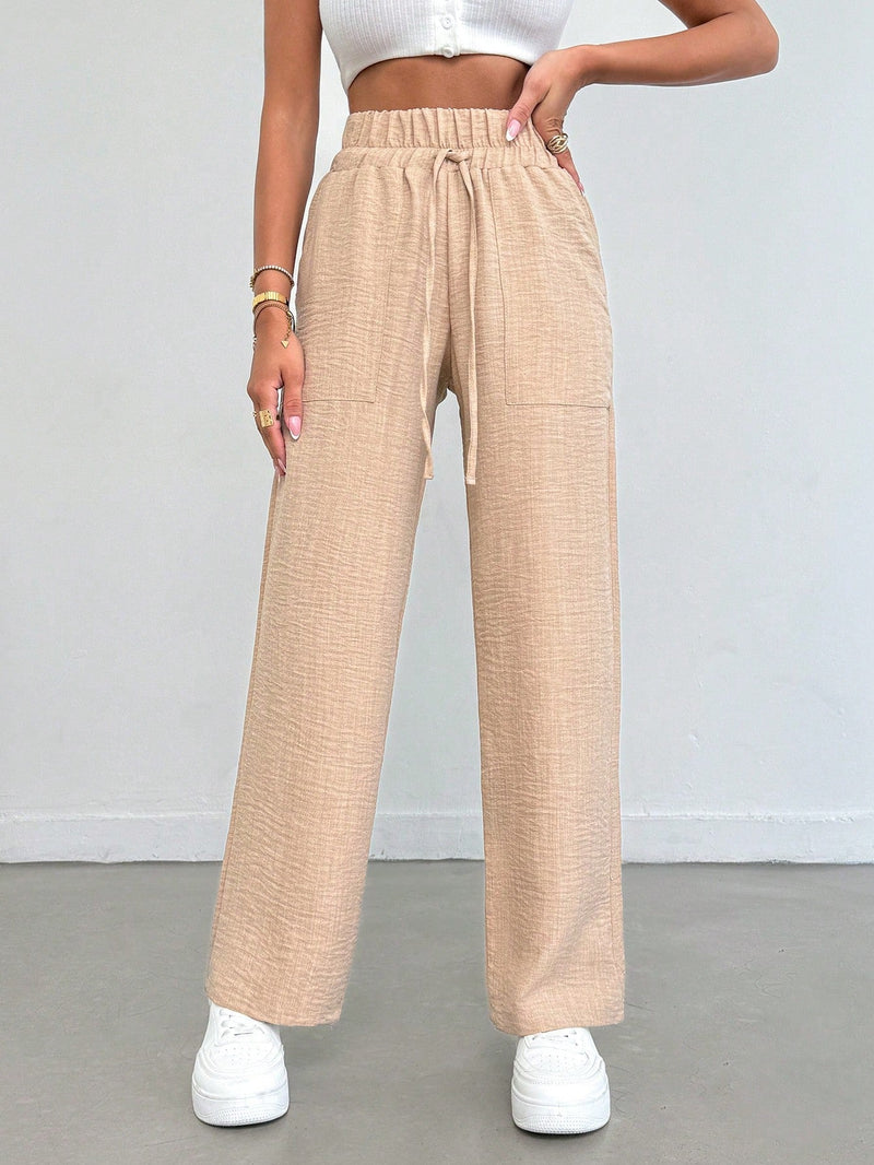 Tall pantalones casuales para mujer de algodon con nudo y unicolor y tiro alto