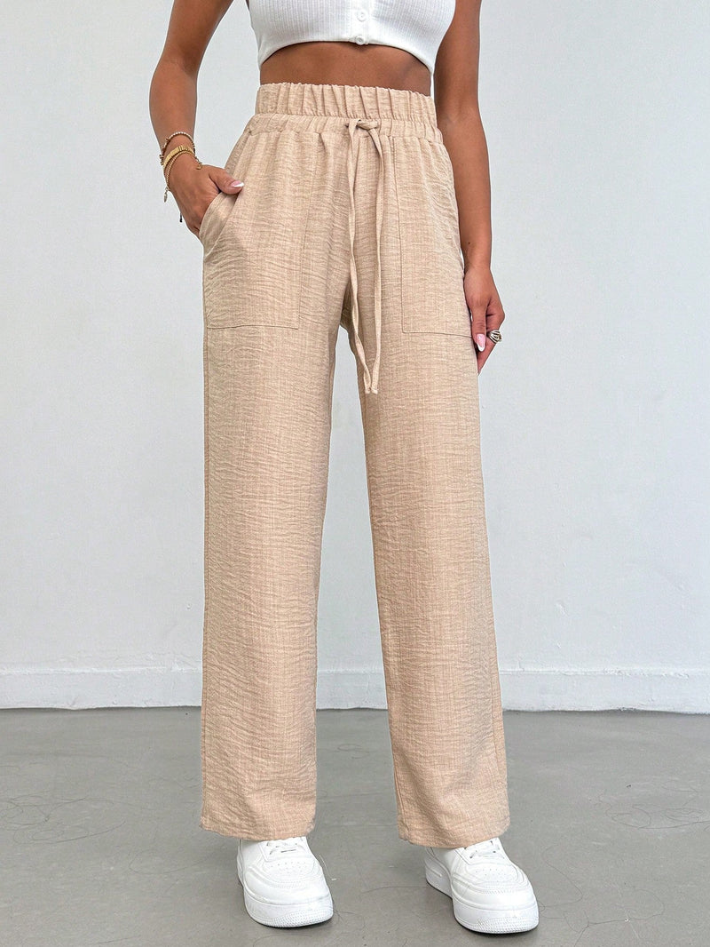 Tall pantalones de mujer casuales de talla alta con nudo y unicolor de algodon