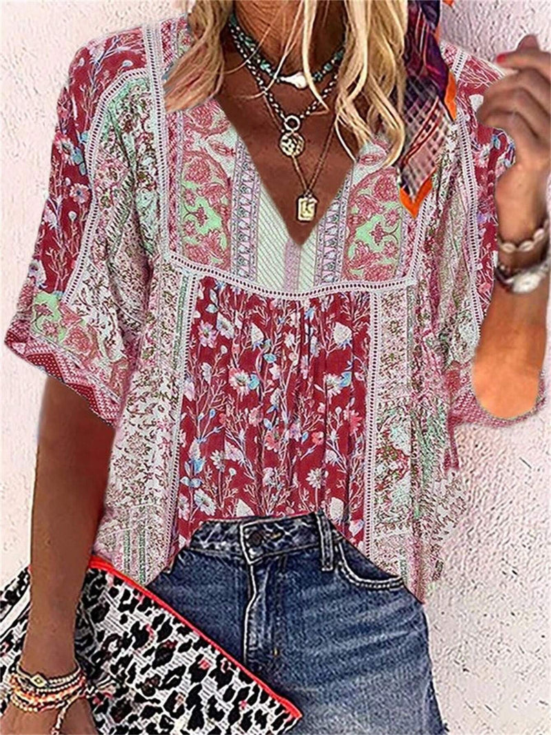 EMERY ROSE Camisa de manga corta con estampado de flores en todas partes y cuello en V para mujer, ideal para vacaciones informales