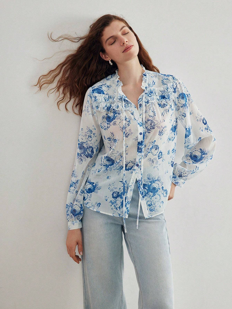 MOTF PREMIUM Blusa ligera con estampado floral y cuello lazo