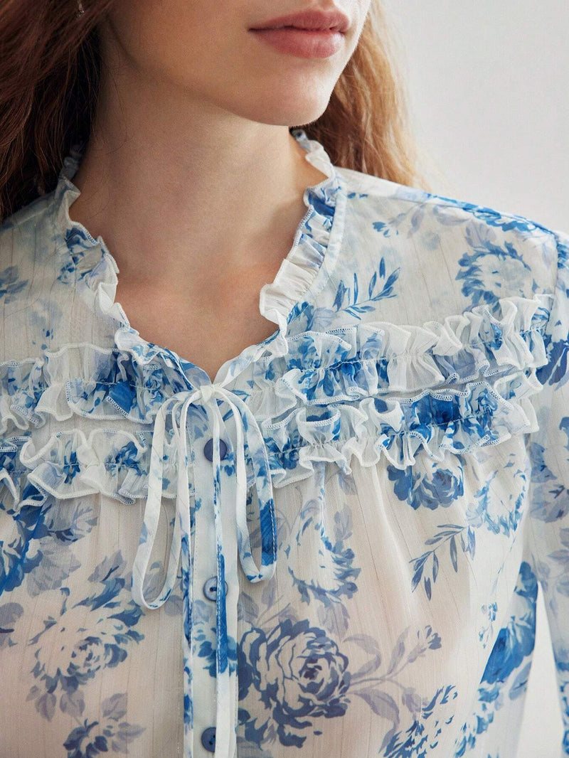 MOTF PREMIUM Blusa ligera con estampado floral y cuello lazo