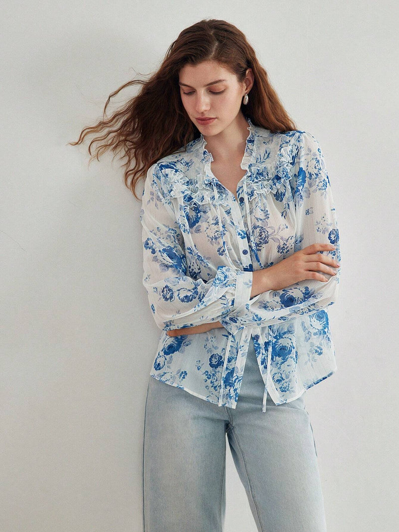 MOTF PREMIUM Blusa ligera con estampado floral y cuello lazo