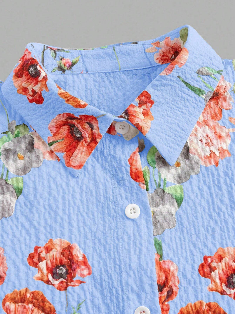 Camisa de moda estampada de manga larga con botones para mujer, adecuada para vacaciones en la playa en verano