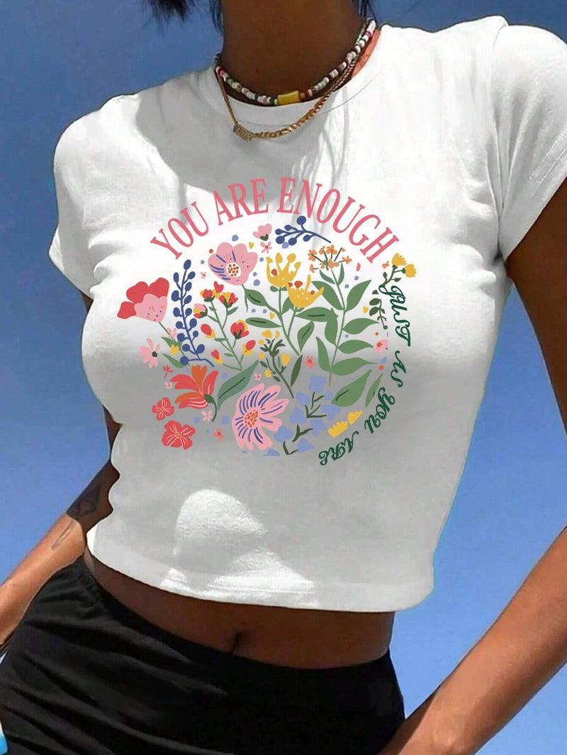 Camiseta de manga corta casual de verano para mujer con estampado floral y de eslogan