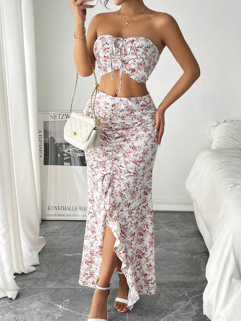 Prive conjunto de dos piezas de ropa de verano para mujer con top tubo plisado y falda larga con abertura, estampado floral diminuto romantico frances